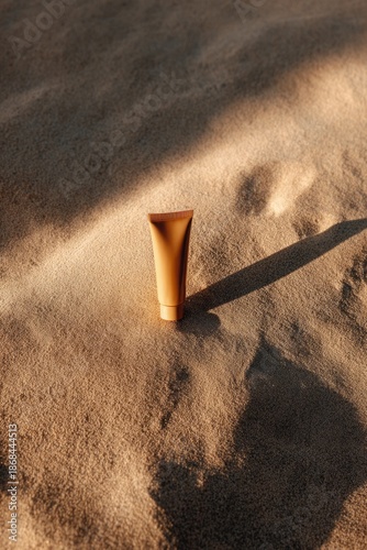 Moisturizing Skincare Cream on Sandy Beach with Ocean Background, Minimal Coastal Beauty Concept