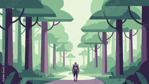 A solitary figure walks down a winding path through a serene forest with lush green trees and a pale sky, evoking a sense of peace and exploration