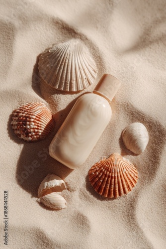 Moisturizing Skincare Cream on Sandy Beach with Ocean Background, Minimal Coastal Beauty Concept