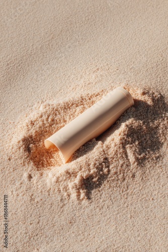 Moisturizing Skincare Cream on Sandy Beach with Ocean Background, Minimal Coastal Beauty Concept