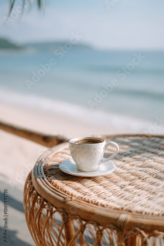 Aesthetic Coffee by the Sea, Ocean Landscape, Minimal Coastal Morning with Soft Light