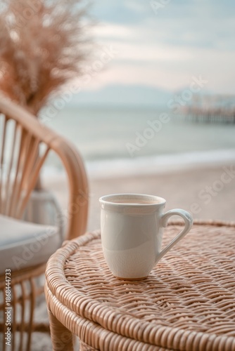 Aesthetic Coffee by the Sea, Ocean Landscape, Minimal Coastal Morning with Soft Light