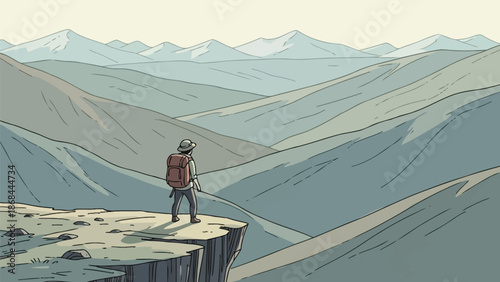 A lone hiker on a rugged cliff overlooks a vast, serene panorama of rolling mountains. A moment of peaceful discovery and contemplation in nature's expanse