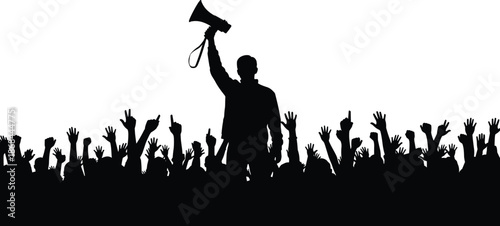 Silhouette of man holding megaphone above crowd of raised hands