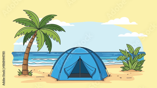 Beach camping illustration with a blue tent and palm trees on a sandy shore next to the ocean on a sunny day