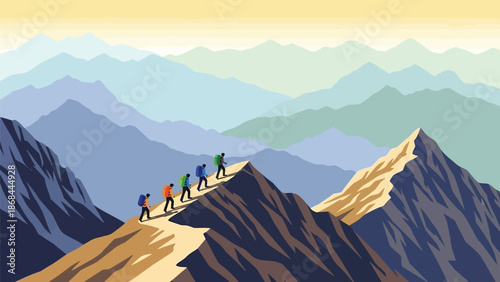 Illustrative Scene of a Group of Hikers Ascending a Majestic Mountain Ridge with a Layered Backdrop of Peaks and Valleys