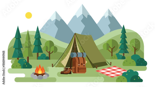 Flat design illustration of a serene mountain camping scene, featuring a cozy tent, warm campfire, backpack, lush trees, and majestic peaks, ideal for outdoor adventure and nature exploration