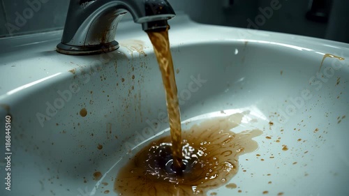 Dirty Brown Water Flowing Faucet Rusty Sink Stains Contaminated Plumbing Issue
