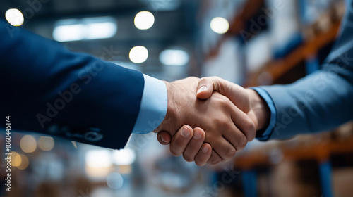 Faceless two men shake hands in warehouse, business agreement in storage facility, professional deal in distribution center, logistics partnership handshake, defocused people greeting, with copy