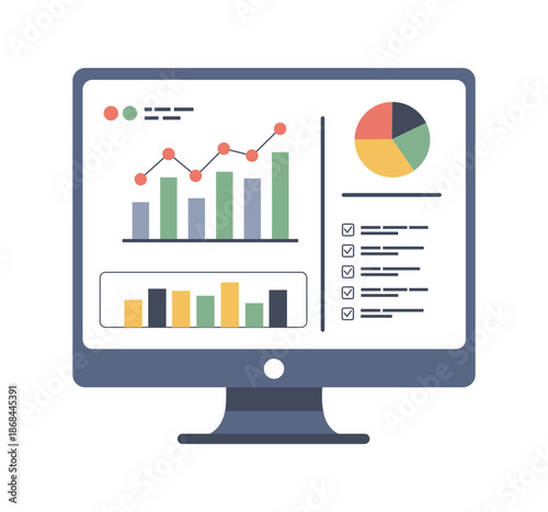 Business Analytics Dashboard on Computer Screen with Charts and Graphs Vector