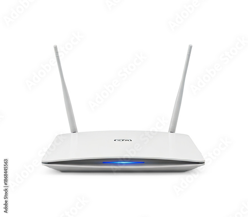 A white router with two antennas on a white background.