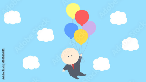 ビジネスイメージイラスト_風船を持って空を飛ぶビジネスマン