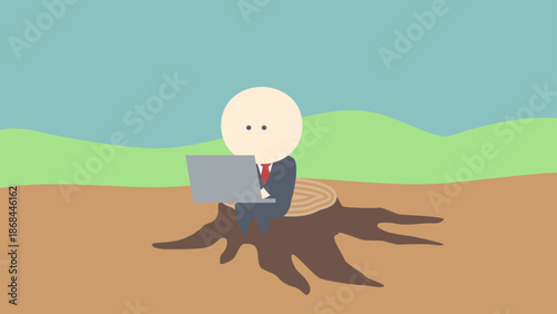 ビジネスイメージイラスト_切り株の上に座って仕事するビジネスマン
