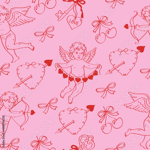 Seamless coquette pattern with hand-drawn hearts, Cupid, cherries, ribbons and bows on a pink background. Romantic preppy vector design for Valentine’s Day, fabric prints, wallpaper and wrapping paper