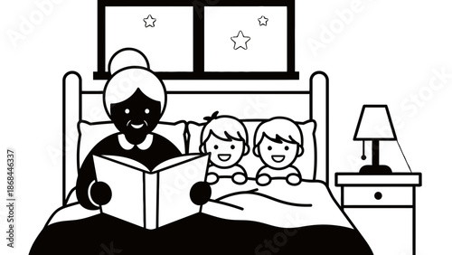 A cartoon grandmother reading a book to two happy children in bed at night