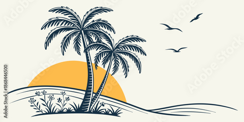 tropical island with palm trees and sun