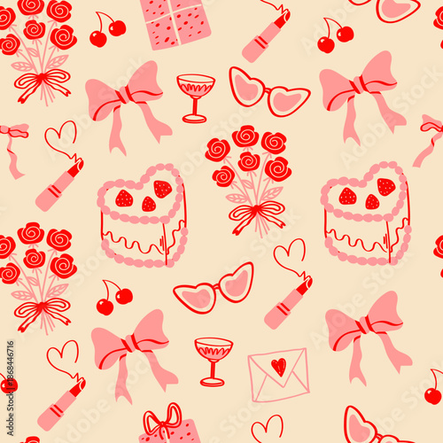 Coquette seamless pattern with hand drawn hearts, cake, glasses of champagne, roses, glasses, lipstick, gift and bows. Preppy for Valentine's day,  prints, fabric, wallpaper or wrapping paper