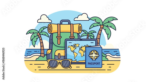 Tropical beach holiday concept with travel gear, a laptop displaying a world map, and a passport, symbolizing global adventure and vacation planning