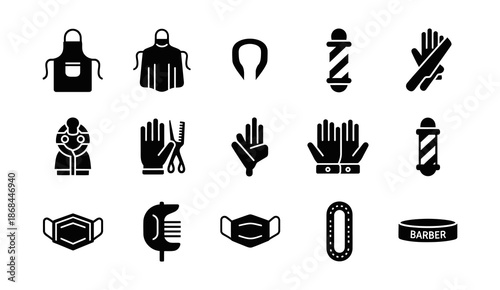 Professional vector icon set for barber shops and hair salons, featuring essential grooming tools, protective equipment, and hygiene elements for beauty services