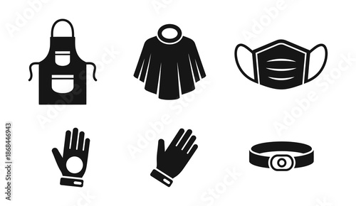 Set of protective and utility clothing items including an apron, poncho, face mask, gloves, and belt