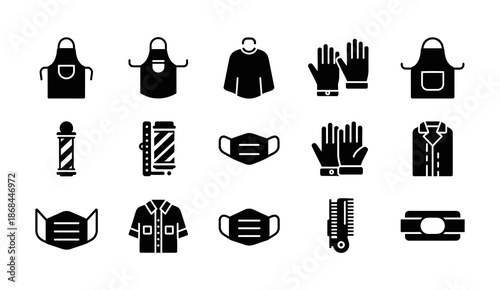 Collection of icons representing barber shop equipment and safety items