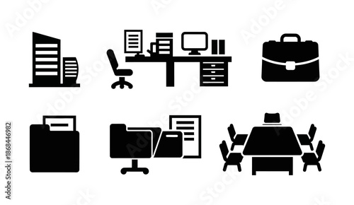 Collection of icons representing modern office elements, including a building, computer desk, briefcase, file cabinet, and conference room