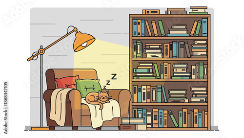 Cozy reading nook with a sleeping cat on an armchair under a floor lamp next to a bookshelf filled with books, illustration