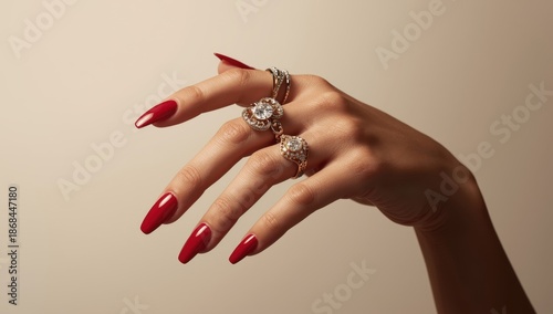 lovely hand adorned with lengthy nails and jewelry