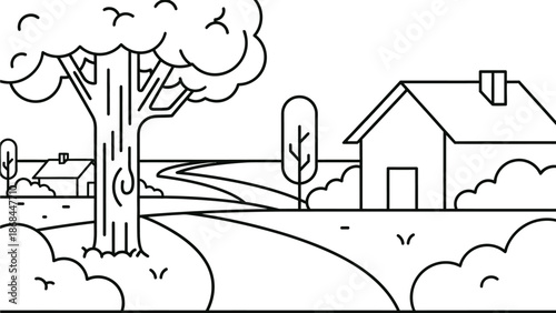 A serene cartoon landscape with a winding path leading to a house