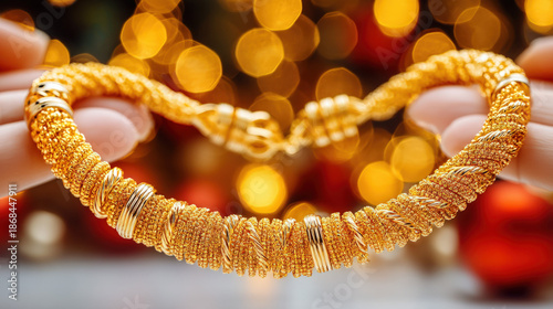 A hand holding gold necklac...
