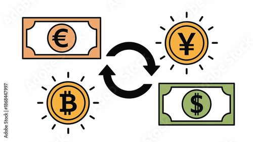 A graphic illustration of currency exchange between Bitcoin and traditional money