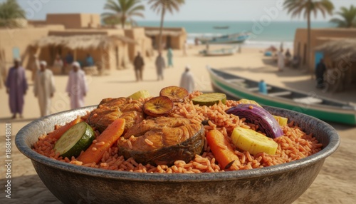 Thieboudienne fish rice vegetable dish in rustic bowl fried plantain slice beach village background Senegal