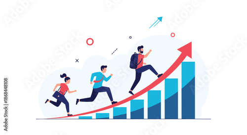 Team of motivated business people run up a growing bar graph along a rising red arrow toward a goal.