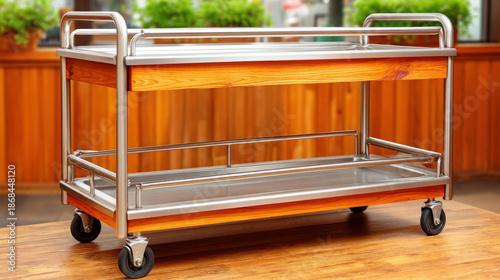 A silver food trolley in a ...