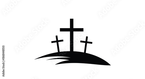 Silhouette of three crosses on a hill representing a religious symbol shown in a minimalist black style.