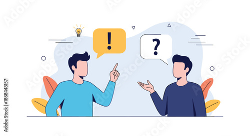 Two men engage in a conversation with speech bubbles containing an exclamation point and a question mark.