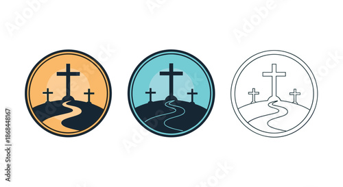 Three circular icons showing the silhouettes of crosses on a hill under a sun in different art styles.