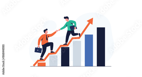 Two business professionals assist each other in climbing up a rising bar graph with a large orange arrow.