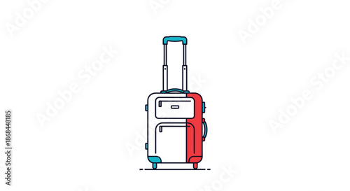 Travel suitcase with wheels standing alone, featuring a clean red and white design for vacation and journey concepts.