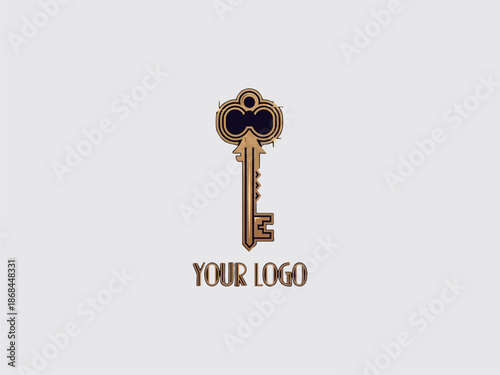 Vintage Key with Ornate Design and Logo.