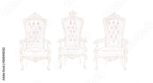 Set of ornate royal throne chairs featuring vintage baroque design with decorative carvings and high backrests isolated on white