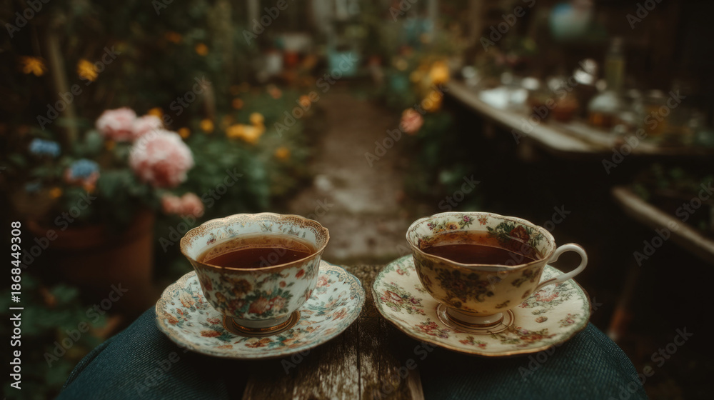 Fototapeta premium Couple drinking tea from delicate cups in a garden