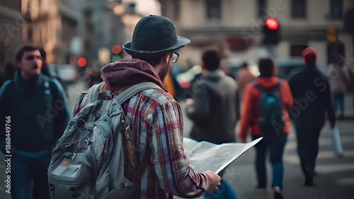 A man in a plaid shirt and hat is engrossed in reading a map on a city street. He is wearing a backpack and has a focused expression on his face.
