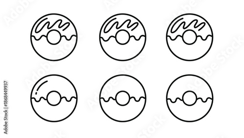 Simple black and white outline icon set showing six assorted donuts arranged in two rows
