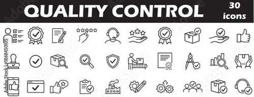 quality control icons, inspection symbol set, certification vector, business audit icons, checklist and stamp ,  shield and thumbs up symbols, minimal quality graphics, software testing icons, process