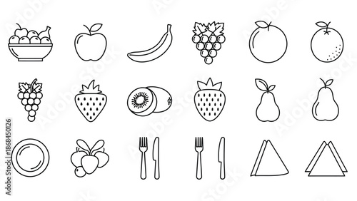 Black and white line art icons depicting fresh fruits, healthy food items, and dining tableware