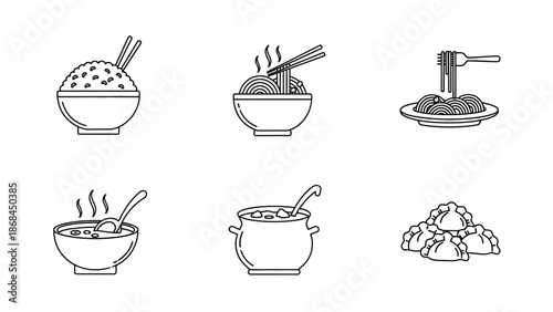 Collection of simple black and white line icons representing Asian and Western food items