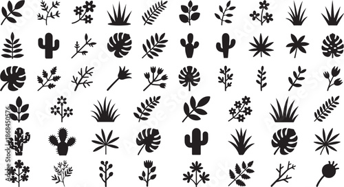 Collection of various plant silhouettes including cacti and tropical leaves on white