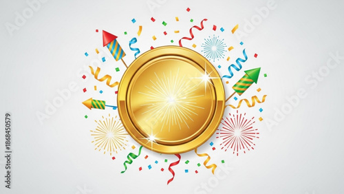 Golden award medal with colorful fireworks and confetti on white background for celebration and achievement with gold medal and success and festive