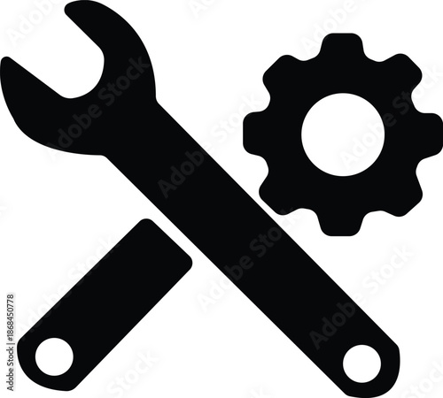 Black silhouette of a wrench and a small gear symbolizing tools and mechanical repair